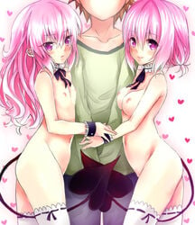 1boy 2girls blush breasts flat_chest long_hair momo_velia_deviluke nana_asta_deviluke pink_hair purple_eyes short_hair small_breasts tail to_love-ru yuuki_rito