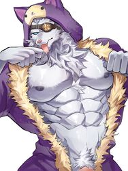 1boy 5_fingers abs anthro barely_visible_genitalia barely_visible_penis blue_eyes bodily_fluids chung0_0 clothed clothing empty_eyes eye_patch eyewear fangs felid fingers fur genitals hi_res league_of_legends lion male male_only mammal mane muscular muscular_male nipples pantherine pecs penis pink_nose pretty_kitty_rengar pubes purple_clothing rengar riot_games saliva simple_background solo sweat sweatdrop tongue tongue_out video_games white_background white_body white_fur white_mane