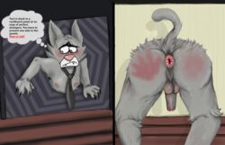 4_fingers anthro black_tie claws feline fur humanoid_penis jackbox_games leaking_precum male male_only mammal mayonnaise mayonnaise_(jackbox) necktie nipples puffy_anus red_markings spank_marks split_the_room stuck_in_wall the_jackbox_party_pack_5