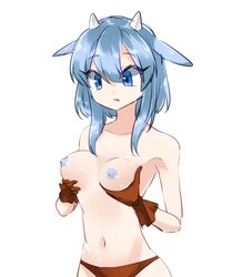 1girls alternate_hair_color alternate_hairstyle areolae armpits bazumi belly blue_eyes blue_hair blue_nipples blue_skin breast_grab breasts clothed clothes cow_girl eyebrows_visible_through_hair eyelashes female gijinka gloves grabbing_own_breast horns human humanized humanized_pokemon miltank navel nipples panties pokemon pokemon_gsc pokemon_rgby short_hair solo source_request topless transformation