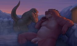 anthro anthro_on_anthro ass bath duo foreskin looking_back male male/male muscular muscular_male noodlewd nude raised_tail relaxing scalie slightly_chubby smile snow sunset winter