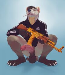 1boy adidas anthro balls bodily_fluids bottomless circumcised claws clothed clothing conditional_dnp crouching erection genital_fluids genitals glans hi_res holding_object holding_weapon humanoid_genitalia humanoid_penis lutrine male male_only mammal mustelid object_in_mouth partially_clothed penis precum sagging_balls solo vein weapon xenoforge