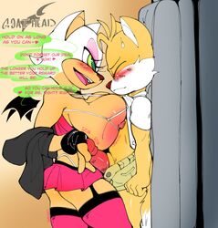 1boy 1girls against_wall anthro assertive assertive_female bat bimbo breast_press breastless_bra breastless_clothes breasts breasts_out canine dialogue domination duo english_text eyeshadow female femdom fingerless_gloves fox furry garter_straps gloves goat-head_(artist) handjob highres huge_areolae huge_breasts hyper hyper_breasts interspecies jacket legwear looking_at_another male malesub mammal miniskirt mobian_(species) open_smile orange_fur panty_straps pink_eyeshadow pink_legwear pink_skirt rouge_the_bat sega shirt_pull smile sonic_(series) sonic_the_hedgehog_(series) speech_bubble straight sweat tails text thick_thighs thighhighs tube_top watermark white_fur wings