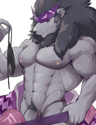 1boy abs anthro biceps black_clothing black_hair black_mane black_nose black_underwear chung0_0 clothing felid fur genitals grey_body grey_fur grey_penis hair hi_res holding_object holding_underwear lion male male_only mammal mane mask muscular muscular_male navel nipples pantherine pecs penis pink_nipples pop'n_music pubes purple_clothing purple_eyes shishitugu simple_background solo underwear undressing white_background