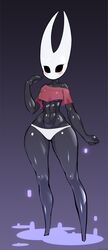 anthro arthropod black_body blush blushing clothed clothing cropped_shirt curvy curvy_figure female female_only glistening glistening_body hi_res highres hollow_knight hornet_(hollow_knight) insects midriff navel nisetanaqa panties red_shirt shirt small_breasts small_waist solo solo_female solo_focus team_cherry thick_thighs underboob white_panties white_underwear