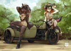 antelope anthro bovid breasts brown_body brown_eyes brown_fur canid canine canis cleavage clothed clothing dragonfu duo female footwear fur gazelle hair high_heels horn mammal motorcycle shoes sidecar vehicle wolf world_war_2 wyla_(character) zahra zahra_(airheart)