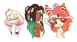 3girls bazumi craymond_(splatoon) dark-skinned_female eyelashes female_only fingerless_gloves flat_chest flow_(splatoon) heart-shaped_pupils marina_(splatoon) medium_breasts multiple_girls nipple_piercing pearl_(splatoon) small_breasts splatoon splatoon_2 yellow_eyes