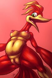 anthro avian banjo-kazooie bassy_wolfeh belly breasts breegull clitoris female genitals green_eyes hi_res kazooie looking_at_viewer low-angle_view nipples pussy rareware slightly_chubby smile solo video_games