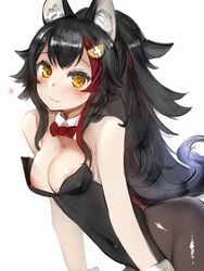 animal_ear_fluff animal_ears bangs bare_shoulders black_hair black_legwear black_leotard blush bow breasts bunnysuit closed_mouth covered_navel covered_nipples detached_collar female hair_ornament hairclip highres hololive hololive_gamers hololive_japan kemonomimi leotard leotard_pull long_hair medium_breasts multicolored_hair nanashi_(nlo74593630) nipples ookami_mio panties pantyshot ponytail red_bow red_hair smile solo streaked_hair thighhighs underwear very_long_hair virtual_youtuber white_background wolf_ears wolf_girl wrist_cuffs yellow_eyes