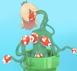 2019 absurd_res alternate_species anthro blonde_hair blue_background blue_eyes body_horror breasts crown elemental_creature female flora_fauna green_body hair hi_res implied_transformation long_neck mario_(series) menma911 navel nintendo nipple_mouth open_mouth piranha_plant plant plant_girl plant_transformation princess_rosalina simple_background solo super_mario_galaxy transformation video_games warp_pipe what