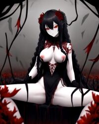 ai_generated black_hair demon demon_girl female female_focus female_only fog foggy foggy_background legs_apart legs_spread looking_at_viewer original_character red_eyes red_flowers red_spider_lilies