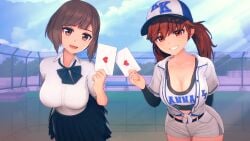 2girls 3d anna_anon anna_skyler baseball_cap baseball_uniform big_breasts brown_eyes brown_hair cap cleavage clothed clothing ela_amano female fully_clothed koikatsu large_breasts light-skinned_female light_skin looking_at_viewer love_letter open_mouth original outside school_uniform schoolgirl short_hair shorts smile smug smug_smile standing twintails