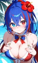 1girls aegis_elysium ai ai-generated ai_art ai_generated alear_(fire_emblem) alear_(fire_emblem)_(female) ball beach big_breasts bikini blue_bikini blue_bra blue_eyes blue_hair blue_panties blush blushing_at_viewer breasts cleavage cloud clouds day dress female female_focus fire_emblem fire_emblem_engage flower gem gloves grabbing_breast grabbing_breasts hair_ornament hands hands_on_breasts headpiece highres holding_breast holding_breasts holding_own_breast holding_own_breasts huge_breasts indoors jewelry large_breasts lewd long_hair looking_at_viewer multicolored_bikini multicolored_bra multicolored_eyes multicolored_hair naughty navel nintendo ocean palm_tree panties ponytail pov red_bikini red_bra red_eyes red_hair ribbon room rose sand sea seaside shy skirt sky solo solo_focus standing sweat sweatdrop thick thick_breasts thick_thighs thighs tiara tree vegetation very_long_hair water watermark wet