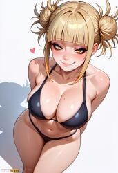 ai_generated arms_behind_back artist_name bangs bare_shoulders bikini black_bikini blonde_hair blunt_bangs blush breasts cleavage closed_mouth collarbone double_bun female hair_bun heart high_resolution highres large_breasts leaning_forward looking_at_viewer messy_hair mole mole_on_breast my_hero_academia navel oerba_yun_fang shadow shiny shiny_skin short_hair sidelocks simple_background smile solo stable_diffusion swimsuit thighs toga_himiko waifuscans418 white_background yellow_eyes