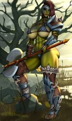 1girls 2023 2d abs armor axe big_breasts bikini_armor bracers braids brown_choker brown_hair brown_thigh_boots chainmail_bikini chainmail_bra chainmail_thong chest_strap choker cleavage detailed_background female green-skinned_female green_skin helmet holding_axe holding_melee_weapon holding_weapon humanoid large_breasts looking_at_viewer melee_weapon navel orc orc_female outdoors pink_eyes solo solo_female spiked_pauldron standing step_pose teteowl thick_thighs thigh_boots underbite underboob weapon