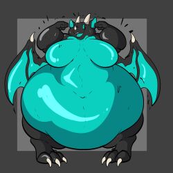 anthro belly big_moobs black_body blue_belly blue_body blue_tongue blue_wings claws dragon flexing glistening glistening_body grosspotoo horn male moobs morbidly_obese morbidly_obese_male obese obese_male overweight overweight_male scalie smile solo thick_arms thick_thighs tongue wide_hips wings xelereth