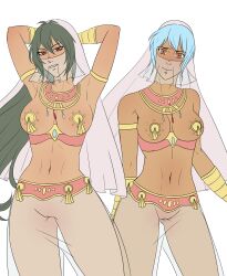 2girls belly_dancer belly_dancer_outfit breasts duo echidna_(queen's_blade) female harem_outfit irma keygii pasties queen's_blade see-through veil