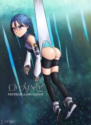 aqua_(kingdom_hearts) artist_signature black_socks blue_eyes blue_hair coxxybabee hanging_wedgie kingdom_hearts looking_at_viewer pout socks thigh_socks thighhighs wedgie