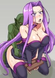 1boy 1girls bare_shoulders black_legwear blush bound bound_arms breasts collar defeated elbow_gloves fate/stay_night fate_(series) female forehead gloves goblin goblin_male green-skinned_male green_skin kneeling large_breasts light-skinned_female light_skin long_hair medusa_(fate) mimuni362 monster no_panties purple_eyes purple_hair rape restrained sex shiny shiny_hair shiny_skin shocked simple_background sleeveless solo_focus sweat thighhighs very_long_hair