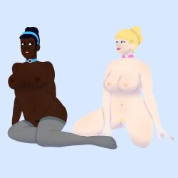 2girls big_breasts breasts charlotte_la_bouff choker dark-skinned_female disney disney_princess light-skinned_female multiple_girls naked_female nipples princess_and_the_frog princess_tiana pubic_hair sitting stockings tiana