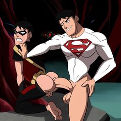 2boys anal anal_lips anal_penetration anal_sex backsack balls barefoot batman_(series) big_balls big_penis black_hair bottomless clenched_teeth clothed clothing conner_kent dc dc_comics dcau dick_grayson feet gay gloves hand_on_ass hand_on_shoulder huge_cock iyumiblue kon-el male male_only mask pants_down robin_(dc) robin_(dick_grayson) robin_(young_justice) short_hair stretched_anus superboy superboy_(conner_kent) superboy_(young_justice) superhero superman_(series) utility_belt yaoi young_justice