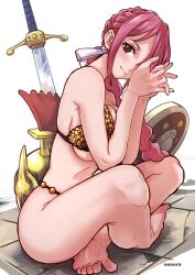 aosora barefoot barely_clothed bikini bikini_armor feet female female_only gladiator hourglass_figure one_piece pink_hair rebecca_(one_piece) sitting soles squished_breasts teen teenage_girl teenager toes voluptuous_teen