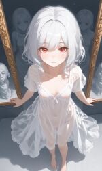 ai_generated barefoot covered_nipples dress from_above ghost ghost_girl grey_hair horror legs looking_up mirror night_dress nipples no no_bra no_panties orange_eyes petite see see-through_clothing silver_hair statue supernatural transparent_clothing