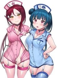 2girls blue_hair blush choker cleavage embarrassed hair_bun large_breasts love_live! love_live!_sunshine!! nurse nurse_cap nurse_uniform pink_eyes ponytail red_hair sakurauchi_riko short_hair source_request tem10 thick_thighs thighhighs tight_clothing tsushima_yoshiko yellow_eyes