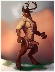 abs animal_genitalia anthro antlers balls big_penis bodily_fluids body_hair capreoline cervid erection genital_fluids genitals happy_trail hi_res homogenousrule hooves horn looking_away male male_only mammal muscular muscular_male neck_tuft nude penis precum raiz reindeer sheath snow solo tuft