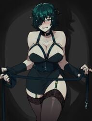 1girls 2d 2d_(artwork) aneurysm.ax assertive_female bare_shoulders bdsm black_clothing black_nails blush blush_lines breasts chainsaw_man collar corset curvaceous curvy dog_leash dominant_female drool drooling drunk drunk_bubble drunk_female female female_only fetish_wear fingerless_arm_sleeves green_hair himeno_(chainsaw_man) holding_leash large_breasts leash leash_and_collar leather_straps looking_at_viewer male_pov offering_leash offering_to_viewer petplay pov pov_eye_contact presenting_leash solo stockings tagme thighhighs yor_briar_(cosplay)