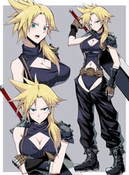 1girls 2020 adapted_costume asymmetrical_hair bare_shoulder belt blonde_hair boots breasts buster_sword chaps cleavage_cutout clothed clothing cloud_strife cloudette_strife crossed_arms eyebrows_visible_through_hair final_fantasy final_fantasy_vii fingerless_gloves genderswap genderswap_(mtf) gloves green_eyes grey_background highres leotard looking_at_viewer medium_breasts multiple_views navel_cutout open_mouth rule_63 shoulder_pads solo spiked_hair suspenders suzusiigasuki sword teeth thunder_head tongue turtleneck weapon