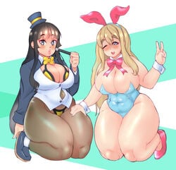 2girls belly black_hair blonde_hair blush bunny_ears bunny_girl bunnysuit busty chubby comically_tiny_hat cuffs curvy female female_only hand_on_thigh hat huge_breasts huge_thighs human human_only k-on! keigi_(artist) leotard lipstick long_hair magic_wand mio_akiyama_(k-on!) pantyhose peace_sign plump pursed_lips ribbon skindentation thick_thighs thigh_grab thigh_squish thong tiny_hat tsumugi_kotobuki_(k-on!) venus_body voluptuous wide_hips