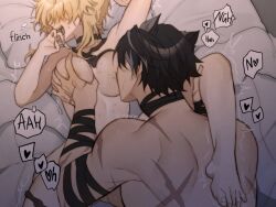 1boy1girl black_hair blonde_hair blush breast_sucking breasts choker genshin_impact groping_breasts hickey lumine_(genshin_impact) muscular_male naked_female open_mouth puyurin scar wriothesley_(genshin_impact)