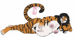 2013 anthro black_hair blue_eyes breasts felid female fiona_(wolfpack67) fur hair lying mammal mei5683 navel nipples on_side orange_body orange_fur pantherine pregnant pubes ready_to_pop simple_background solo striped_body striped_fur stripes tiger white_background wolfpack67