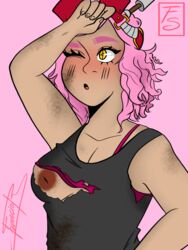 big_nipples blush blushing breasts breasts_out clothed clothes dark-skinned_female dark_skin dirty dirty_face female female_focus female_only franciasaraí mei_hatsume my_hero_academia nipples one_eye_closed pink_background pink_bra pink_eyebrows pink_hair yellow_eyes