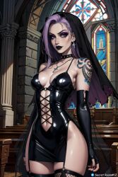 ai_generated black_lipstick breasts choker cross_earrings crucifix female female_only front_view gloves goth goth_girl long_hair mascara medium_breasts nun original_character purple_eyes purple_hair secret_room12 shiny_skin spiked_collar stable_diffusion torn_gloves