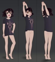 black_hair cassandra_(tangled) disney disney_channel female fulcrum_(symbol) green_eyes looking_at_viewer mehefin013 short_hair stretching t-shirt tangled tangled:_the_series visible_pussy