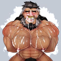 bara beard blush cum cum_covered cum_on_face facial_hair hands_behind_back king_dyron_(robertsilva) male male_only muscles muscular nose_piercing nude oc original_character robertsilva2019 solo solo_male tongue_out