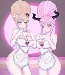 2girls apron beehive_hairdo blonde_hair blush brainwashing breasts cleavage crossover danganronpa domestication female female_only femsub hair_ornament happy_trance heart heart-shaped_pupils heart_eyes horns housewife hypnosis junko_enoshima large_breasts looking_at_viewer master_detective_archives:_rain_code mind_control multiple_girls multiple_subs naked_apron pink_eyes pink_hair shinigami_(rain_code) smile stepfordization susan_parrish symbol_in_eyes