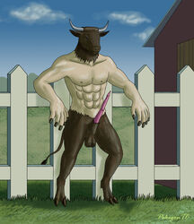 2020 animal_genitalia animal_penis anthro balls blue_eyes bovid bovine bovine_penis digital_media_(artwork) erection european_mythology farm furry genitals greek_mythology hi_res horn looking_at_penis male male_only mammal minotaur muscular muscular_male mythology nipples nude penis pose presenting presenting_penis sky solo t-ace_juice