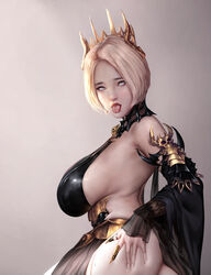 ahe_gao ass black_clothing blonde_hair crown from_behind hand_on_ass hand_on_own_ass huge_breasts jagercoke jewelry korean_text looking_at_viewer looking_back presenting presenting_ass presenting_pussy thick_thighs vindictus