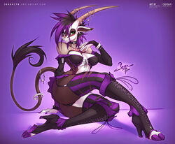 1girls antelope anthro big_breasts blush breasts collar colored_hair english_text female_focus female_only green_eyes horns jesonite kadath_universe lingerie looking_at_viewer olivia_(kadath) solo tail text