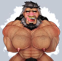 bara beard blush facial_hair gay hands_behind_back king_dyron_(robertsilva) male male_only muscles muscular nose_piercing nude oc original_character robertsilva2019 solo solo_male tongue_out