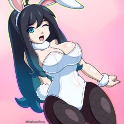 black_hair blue_eyes blue_hair bunny_ears bunnysuit hikaru_(touyarokii) oc original original_character rockmangrave