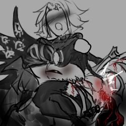 biting blood blush breasts bulge claws fiddlesticks glowing_belly glowing_genitalia gripping league_of_legends lube_on_penis monochrome original_character red_tentacles ripped_clothing sakusu sketch tentacle