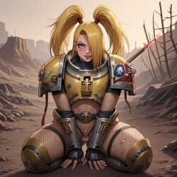 1boy ai_generated armor belt blonde_hair blue_eyes boots deidara femboy fishnets gloves long_hair male male_focus naruto naruto_(series) naruto_shippuden penis ponytail smirk thick thick_thighs tongue_out twintails warhammer_(franchise) wasteland