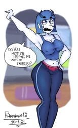 blue_hair clothing dialogue english_text horns original original_character penny_(ramakopa) ramakopa_(artist) red_eyes yoga_pants