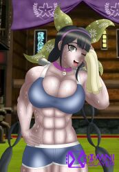 1girls 2023 2d 2d_(artwork) big_breasts black_hair bra breasts bursting_breasts chabashira_tenko collar danganronpa danganronpa_v3 female green_eyes huge_breasts mouth muscles muscular muscular_female omnislayer1993 one_eye_closed open_mouth solo spats sweat sweatdrop sweating sweaty_body sweaty_breasts sweaty_butt sweaty_legs teeth teeth_showing teeth_visible twin_braids twintails