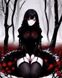 ai_generated black_hair demon demon_girl female female_focus female_only fog foggy foggy_background forest forest_background original_character red_eyes red_flowers roses sitting_down snow