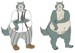 1boy 2022 anthro balls beastars belly big_belly bottomwear canid canine canis clothing genitals geuremon legoshi_(beastars) male male_only mammal micropenis moobs navel necktie obese obese_male overweight overweight_male pants penis shirt simple_background small_penis solo solo_male suspenders topwear white_background wolf